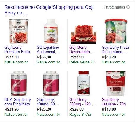 Painel do Google Shopping com vendas do Goji Berry